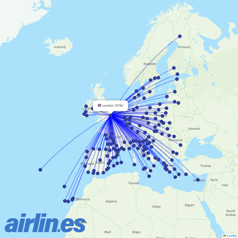 Ryanair from Stansted destination map