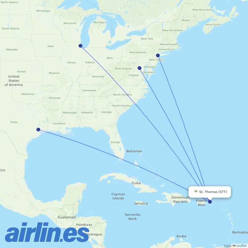 United Airlines from Saint Thomas destination map