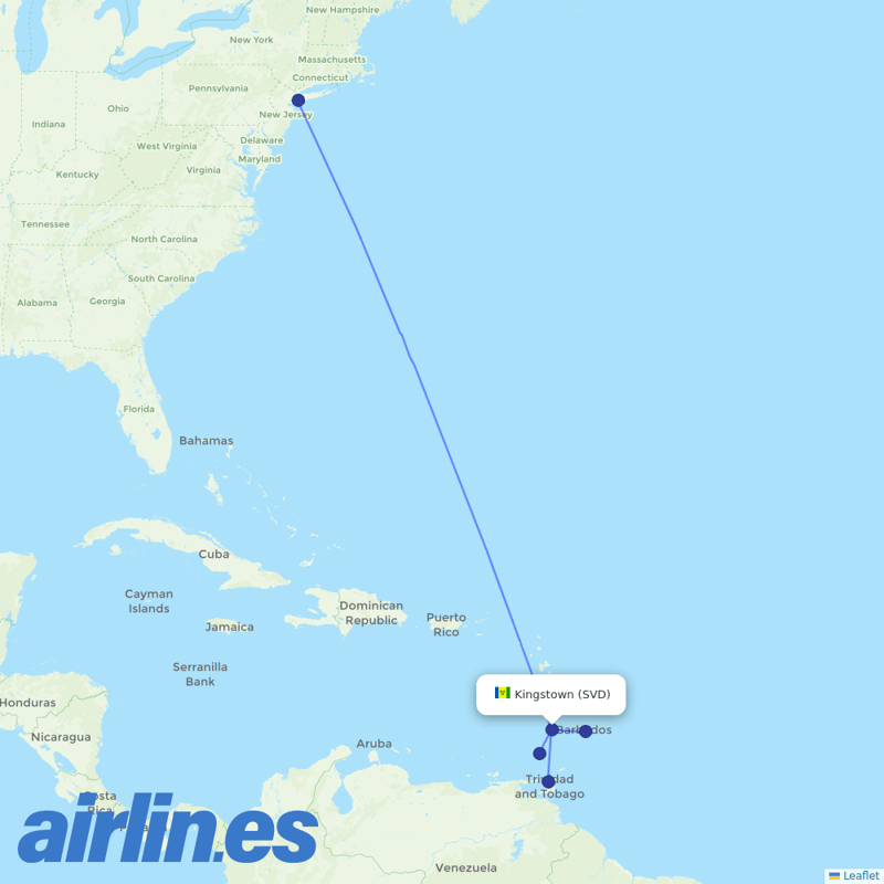 Caribbean Airlines from E T Joshua destination map