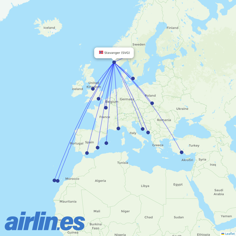 Norwegian Air from Stavanger Sola destination map