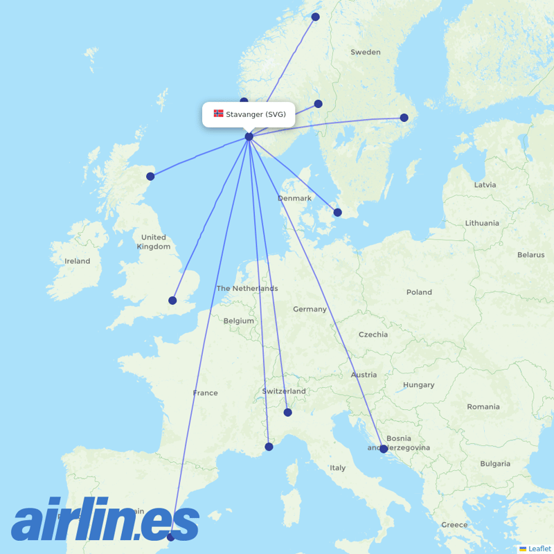 Scandinavian Airlines from Stavanger Sola destination map