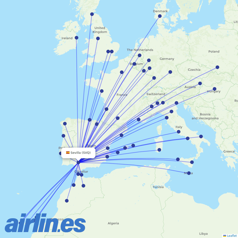 Ryanair from Seville Airport destination map