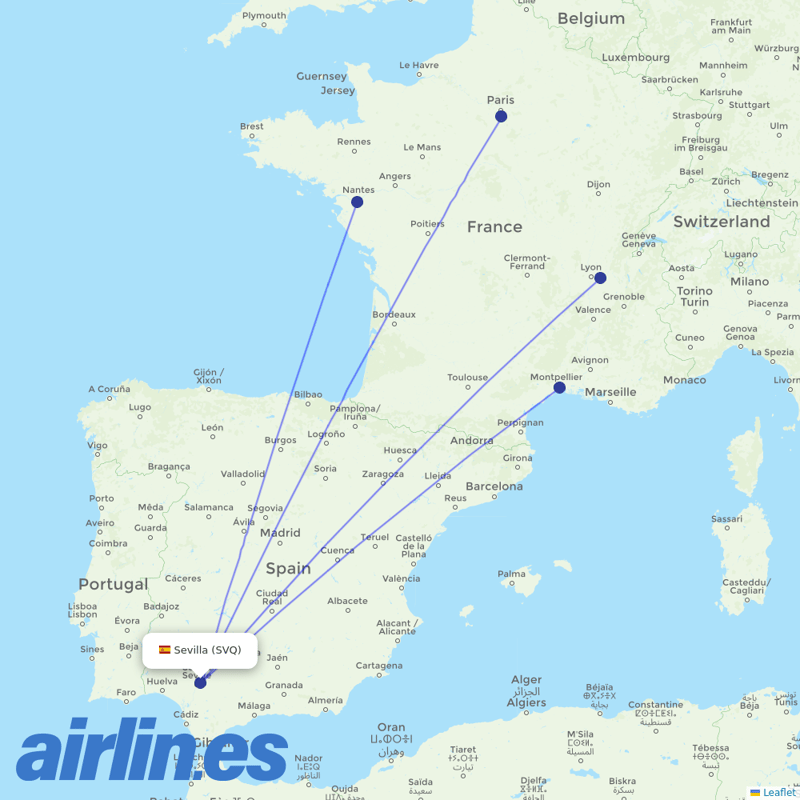 Transavia France from Seville Airport destination map