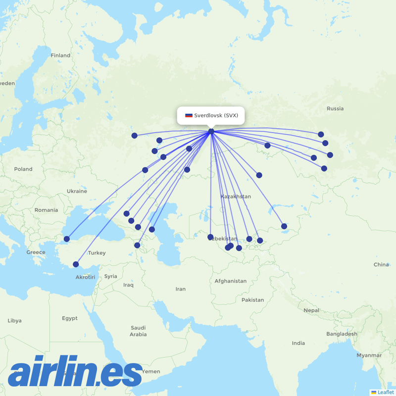 Red Wings from Koltsovo International Airport destination map