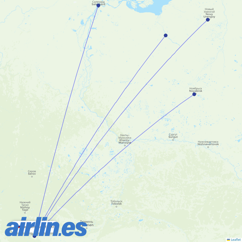 Yamal Airlines from Koltsovo International Airport destination map