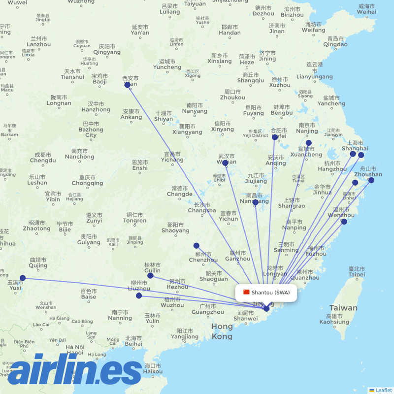 China Eastern Airlines from Wai Sha Airport destination map