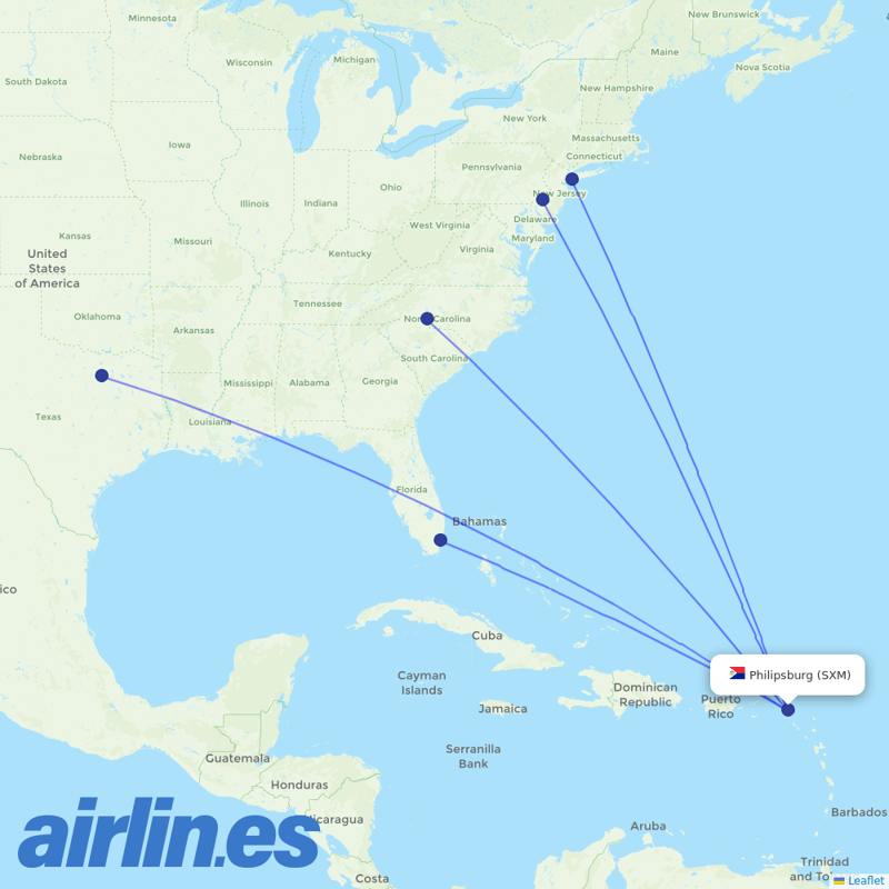 American Airlines from Princess Juliana International destination map