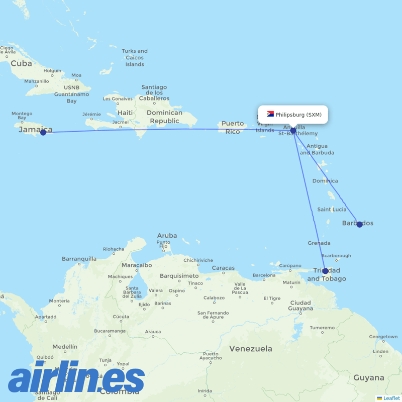 Caribbean Airlines from Princess Juliana International destination map