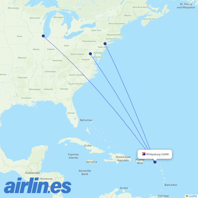 United Airlines from Princess Juliana International destination map