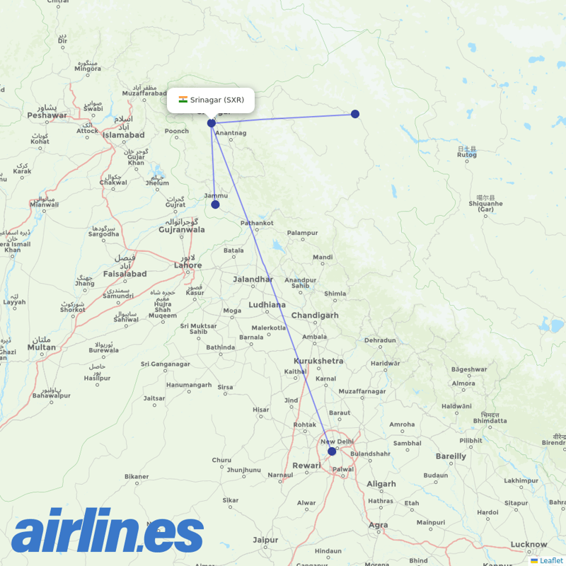 Air India from Srinagar destination map