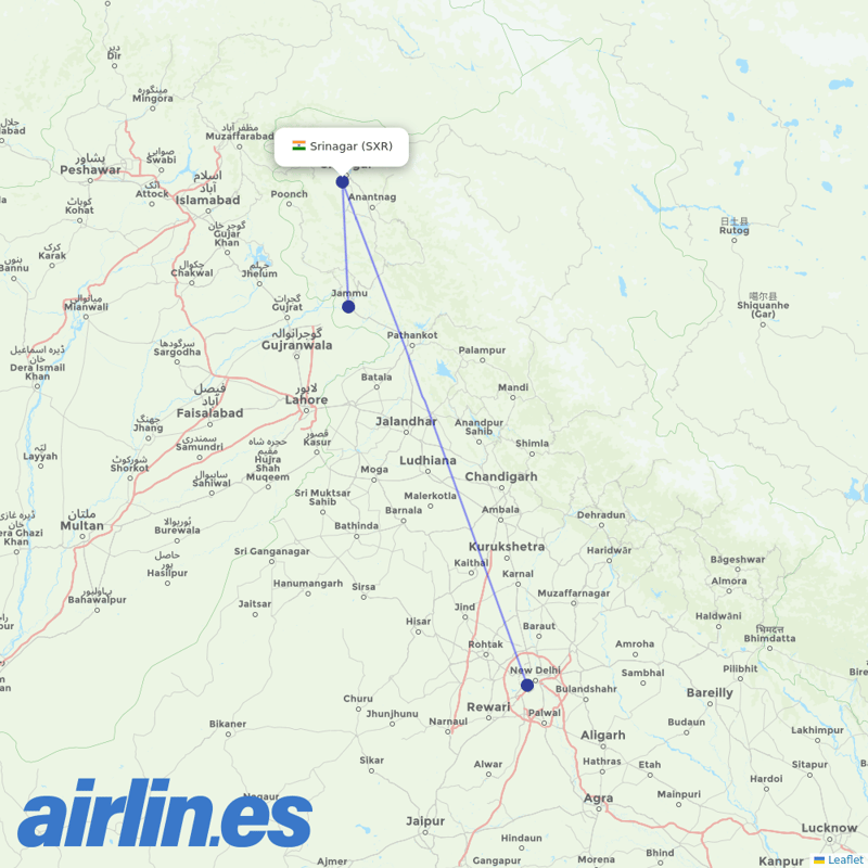 Vistara from Srinagar destination map
