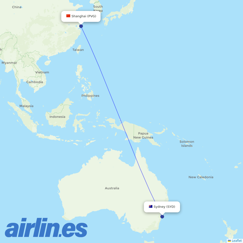 China Eastern Airlines from Kingsford Smith International Airport destination map