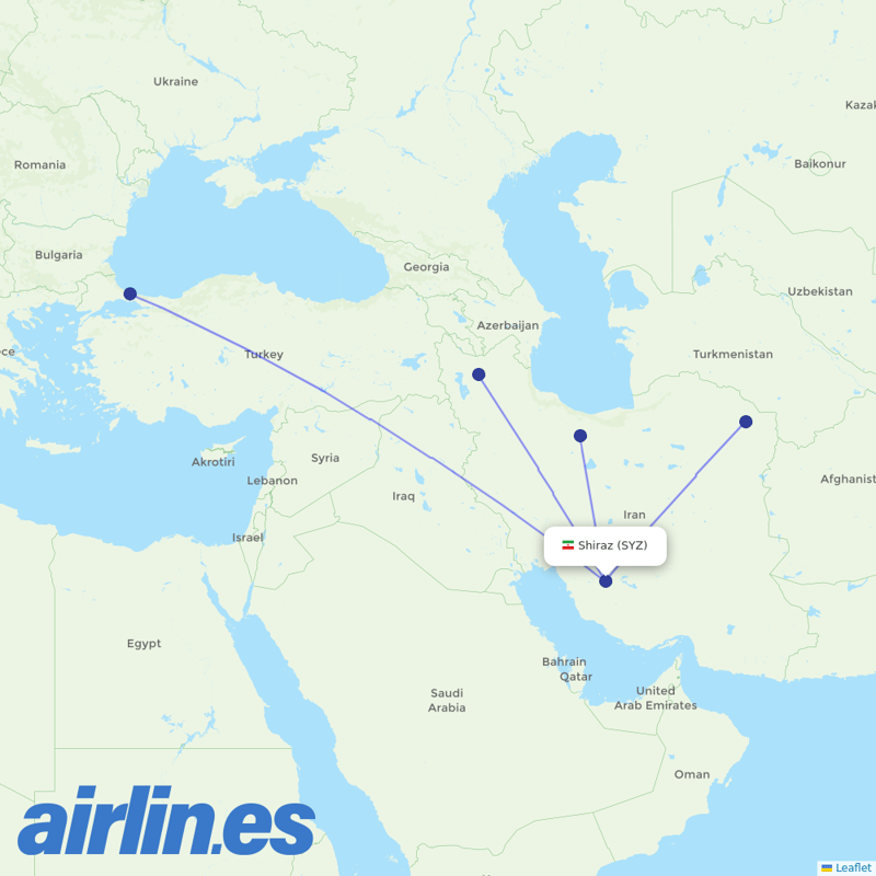 Iran Airtour from Shiraz Shahid Dastghaib International destination map