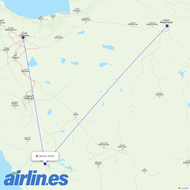 Iran Aseman Airlines from Shiraz Shahid Dastghaib International destination map