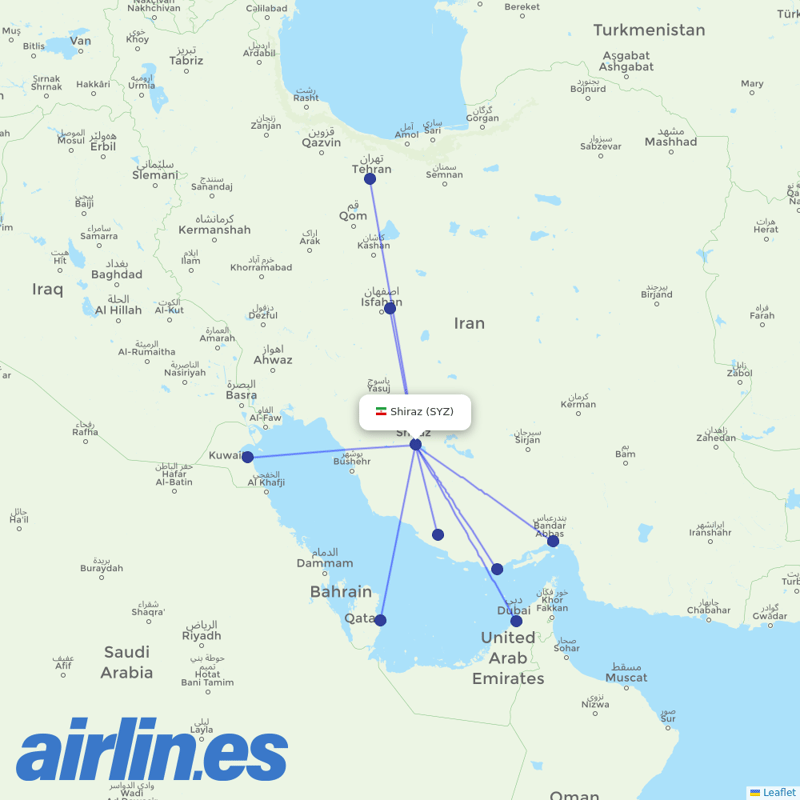 Iran Air from Shiraz Shahid Dastghaib International destination map
