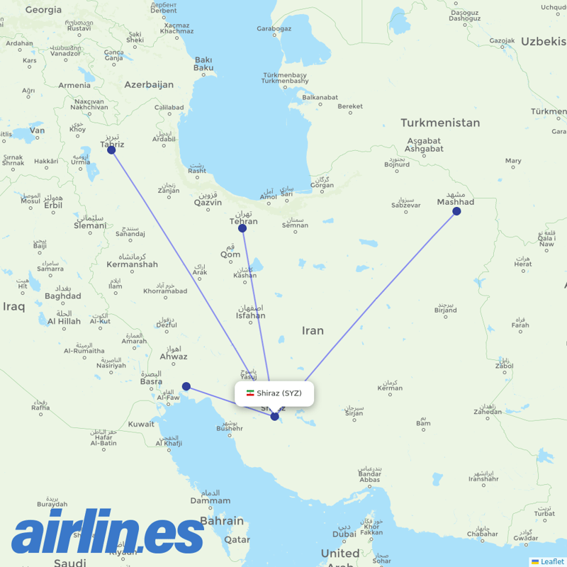 Qeshm Air from Shiraz Shahid Dastghaib International destination map
