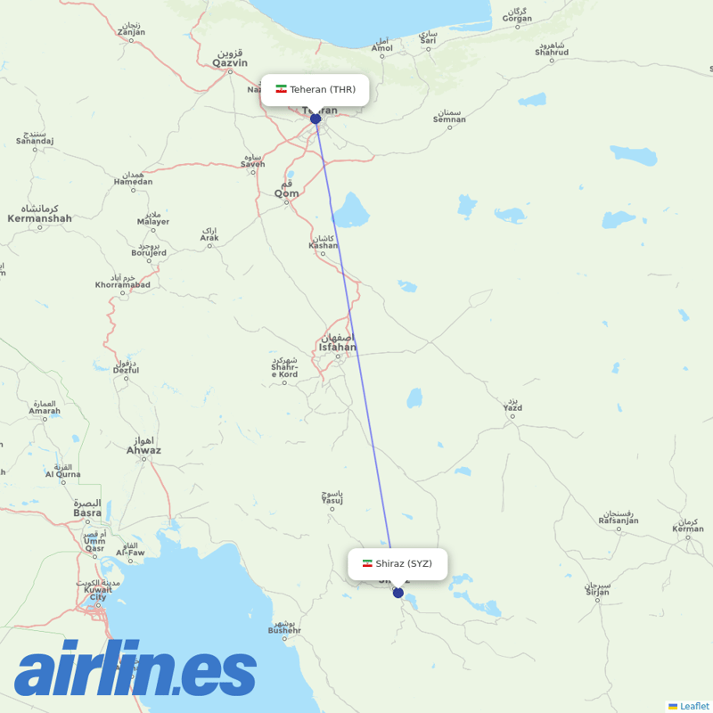 Mahan Air from Shiraz Shahid Dastghaib International destination map