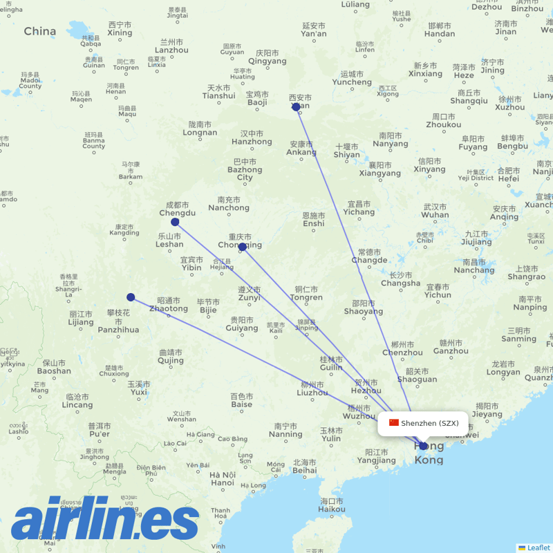 Sichuan Airlines from Shenzhen Bao'an International Airport destination map