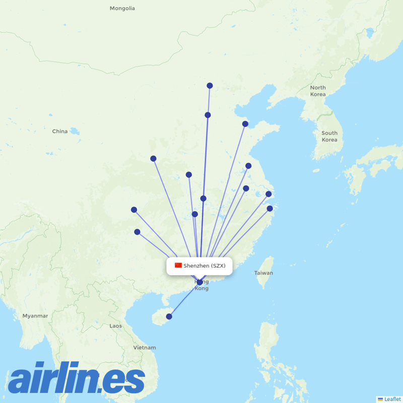 Spring Airlines from Shenzhen Bao'an International Airport destination map