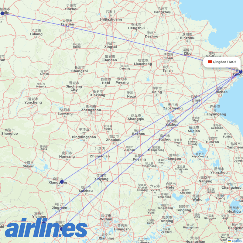 Guangxi Beibu Gulf Airlines from Qingdao Jiaodong International Airport destination map