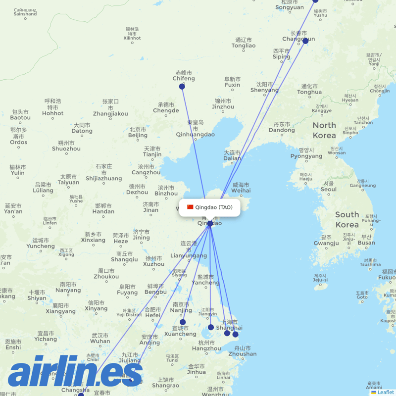 Juneyao Airlines from Qingdao Jiaodong International Airport destination map