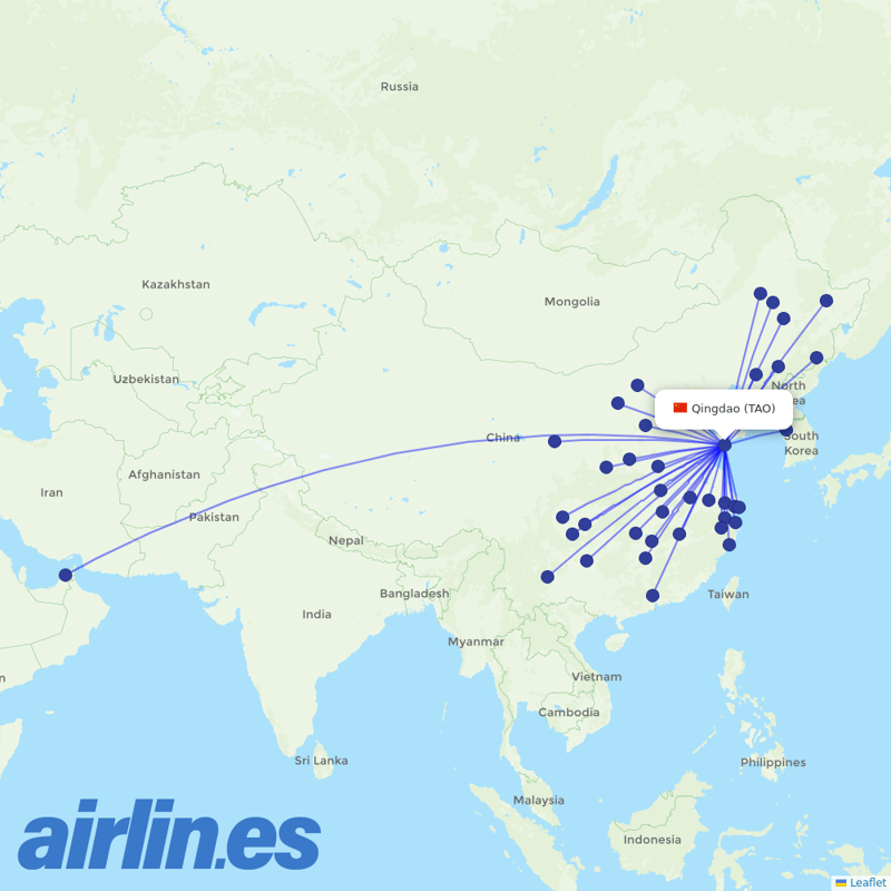 China Eastern Airlines from Qingdao Jiaodong International Airport destination map