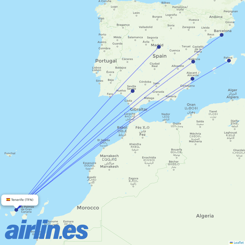 Ryanair from Tenerife North destination map