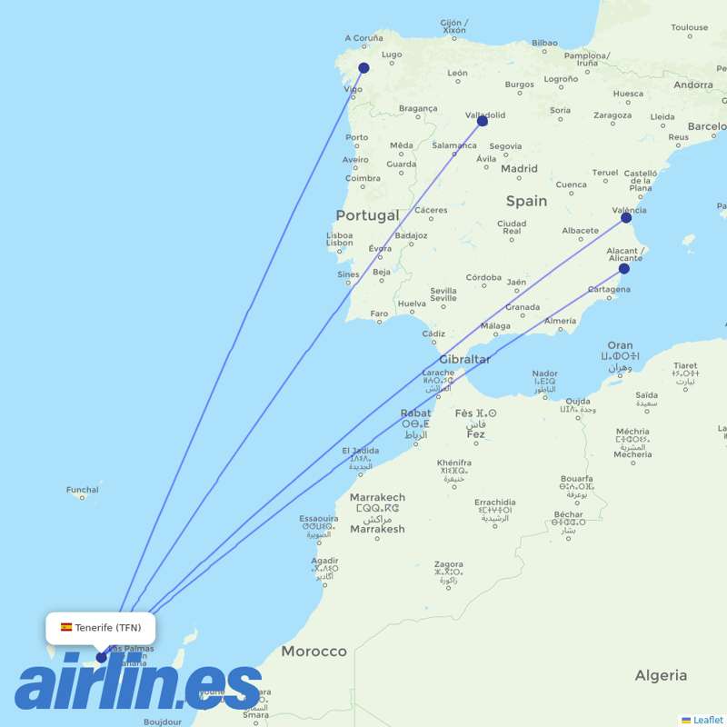 Iberia from Tenerife North destination map