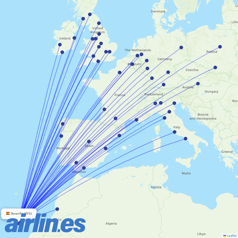 Ryanair from Tenerife South Airport destination map