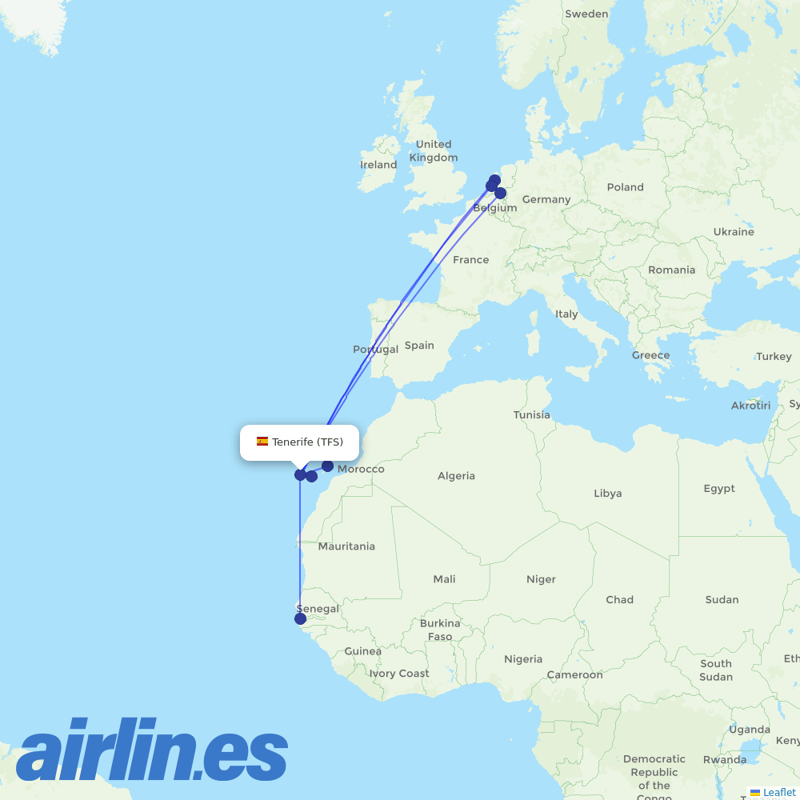TUIfly Netherlands from Tenerife South Airport destination map