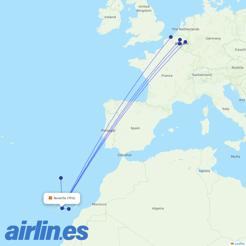 TUI Airlines Belgium from Tenerife South Airport destination map