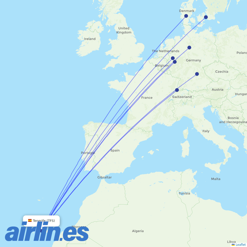 Corendon Airlines Europe from Tenerife South Airport destination map