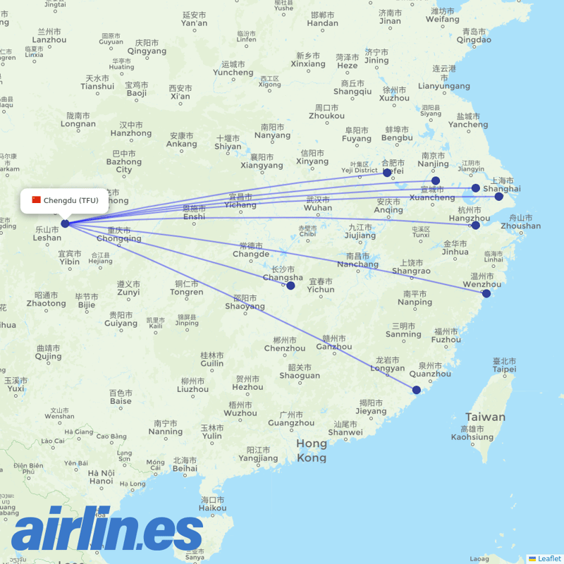 Juneyao Airlines from Tianfu International Airport destination map