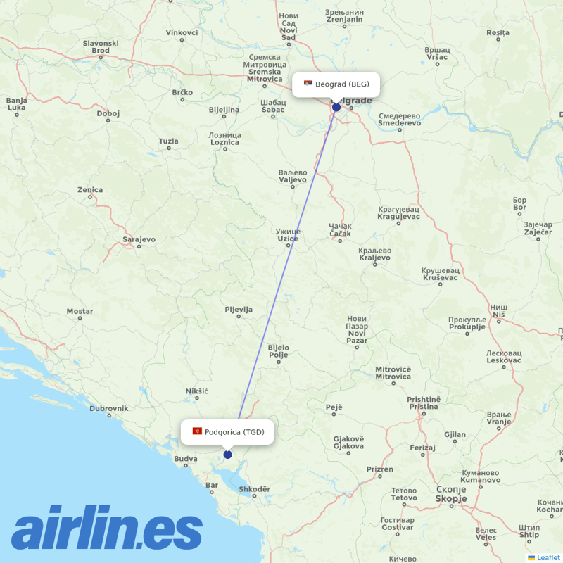 Air Serbia from Podgorica destination map