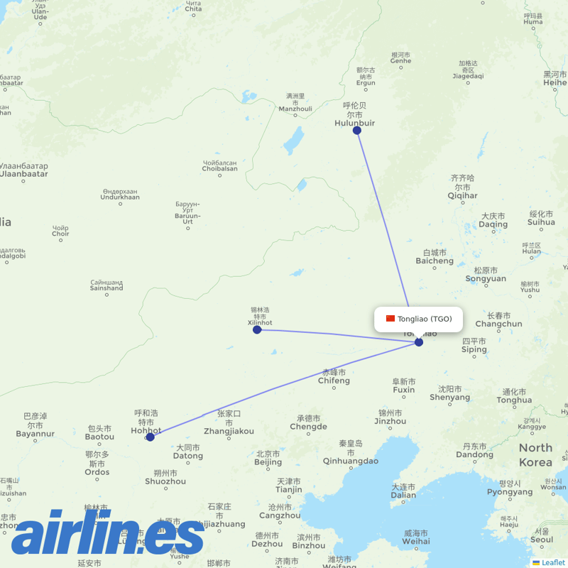 Genghis Khan Airlines from Tongliao Airport destination map