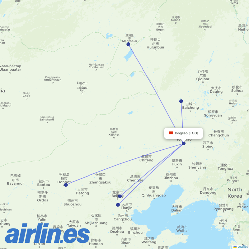 Air China from Tongliao Airport destination map