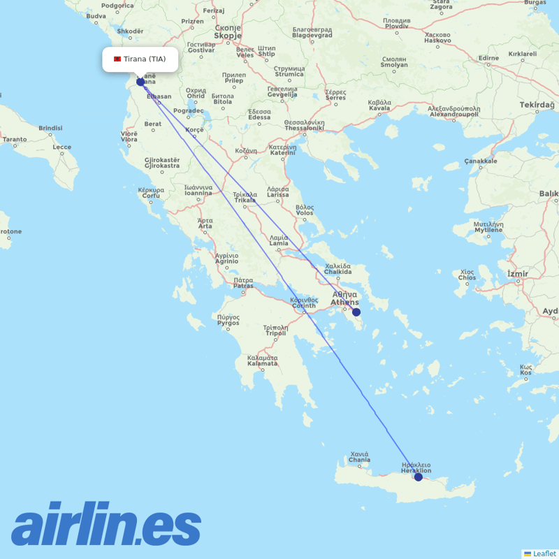 Aegean Airlines from Tirana International Airport Nënë Tereza destination map