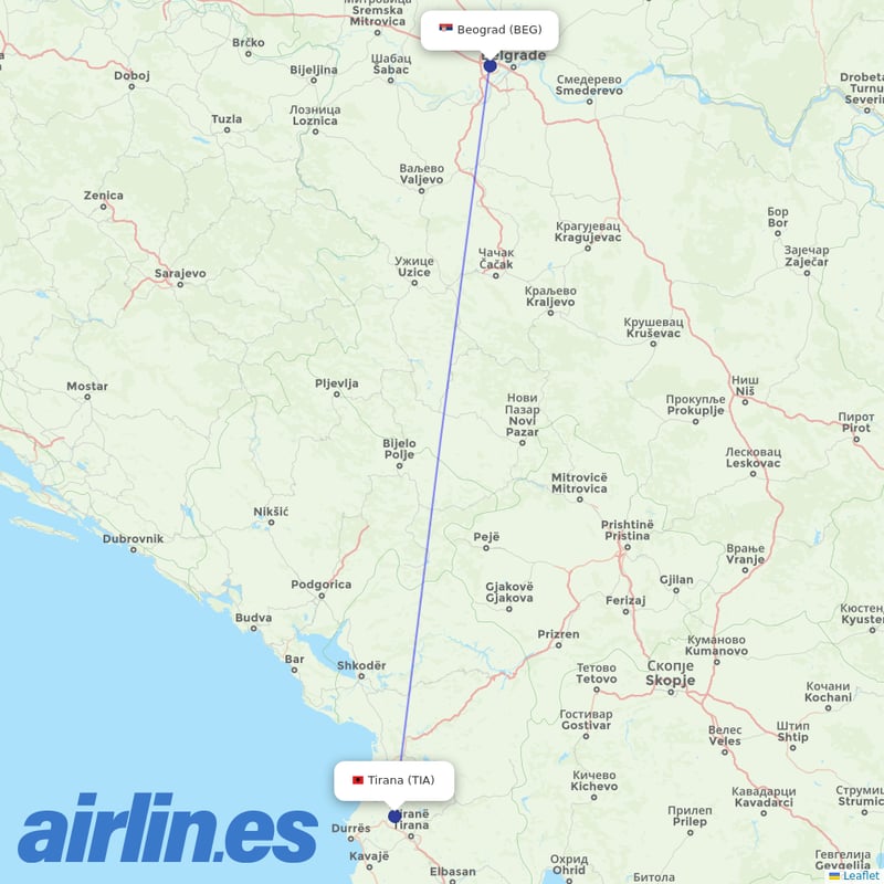 Air Serbia from Tirana International Airport Nënë Tereza destination map