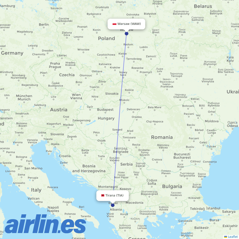 LOT - Polish Airlines from Tirana International Airport Nënë Tereza destination map