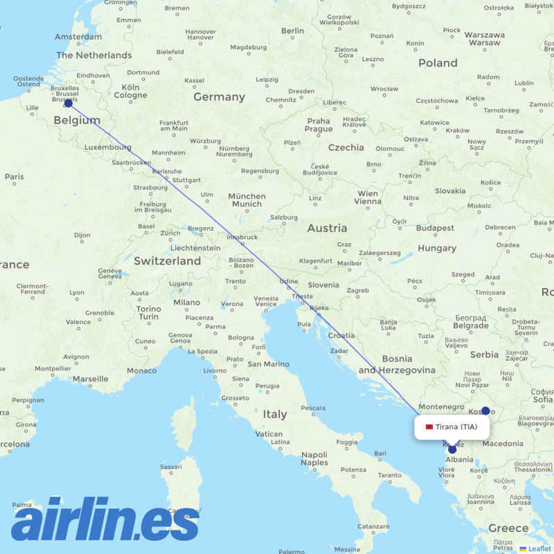TUI Airlines Belgium from Tirana International Airport Nënë Tereza destination map