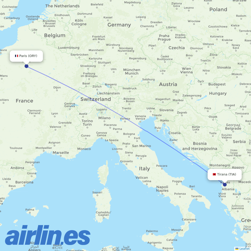 Transavia France from Tirana International Airport Nënë Tereza destination map