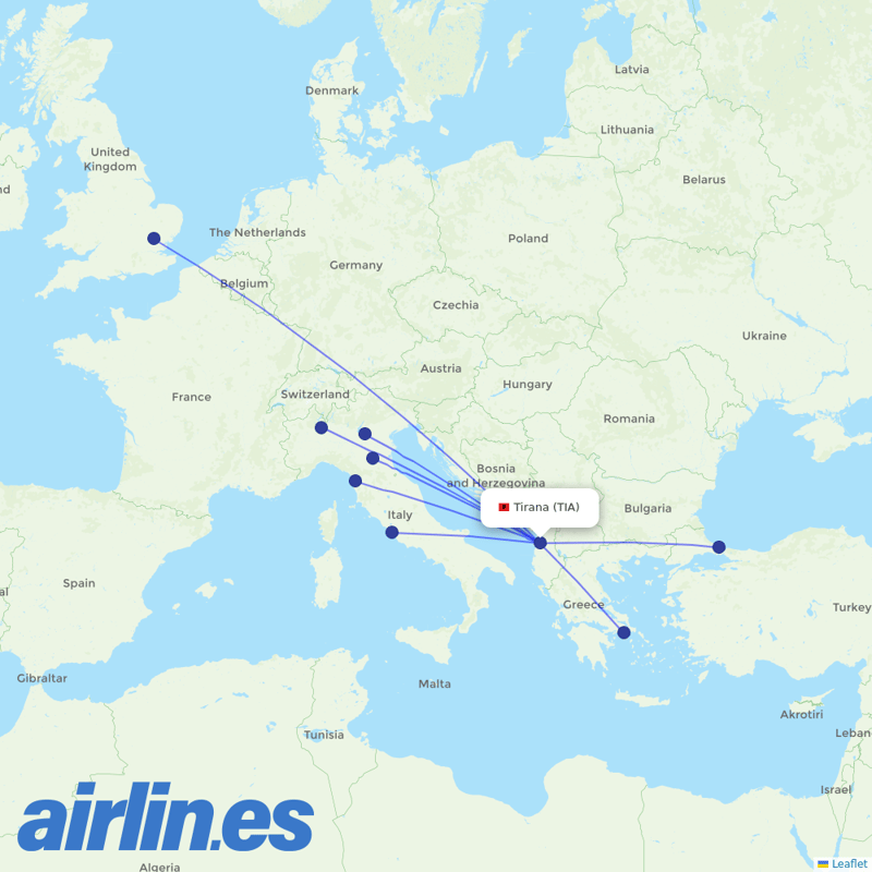 Air Albania from Tirana International Airport Nënë Tereza destination map