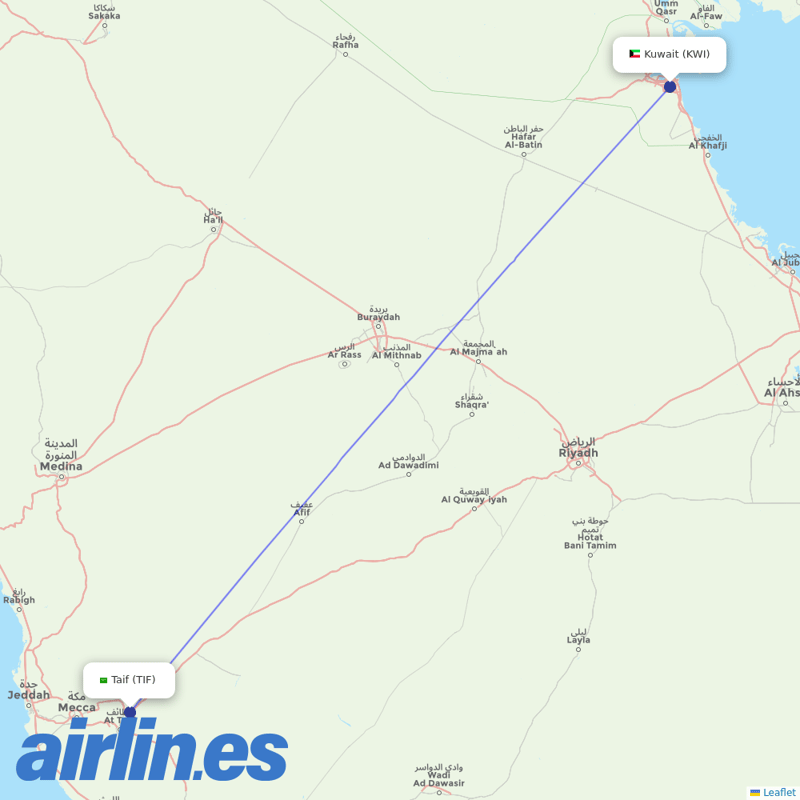 Jazeera Airways from Taif destination map