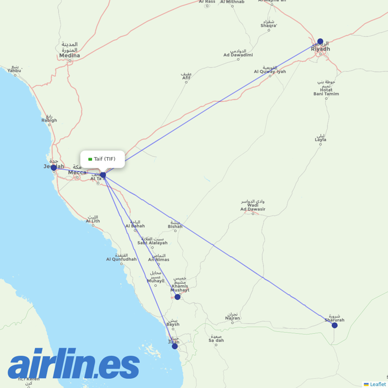 Saudia from Taif destination map