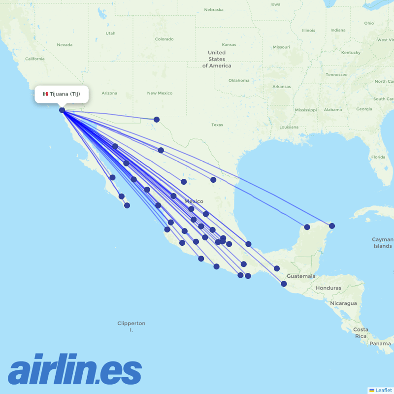 Volaris from General Abelardo L Rodriguez International destination map