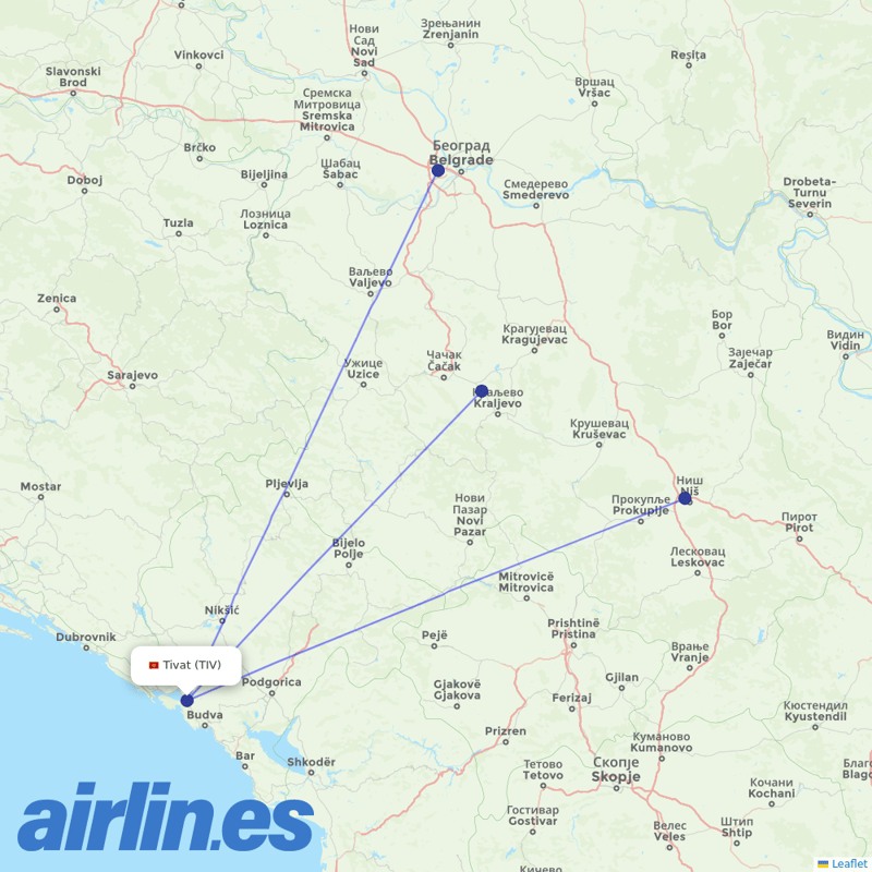 Air Serbia from Tivat destination map