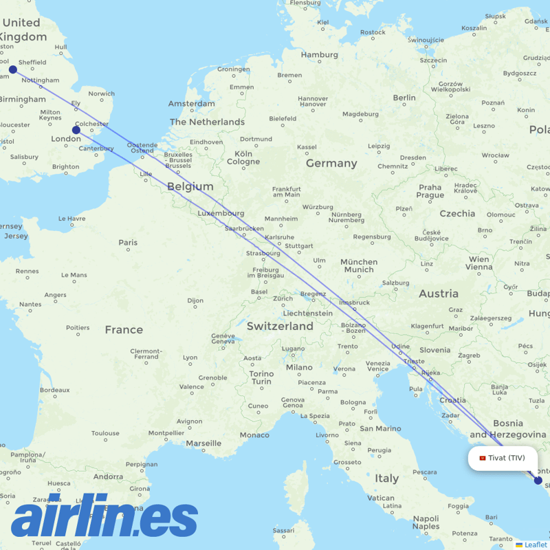 Jet2 from Tivat destination map