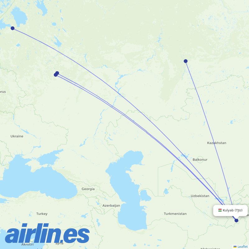 Ural Airlines from Kulob Airport destination map