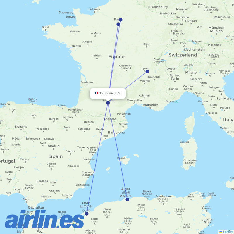 Air France from Toulouse–Blagnac Airport destination map