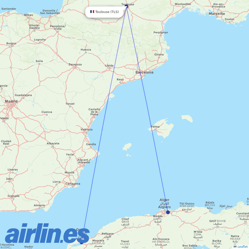 Air Algerie from Toulouse–Blagnac Airport destination map